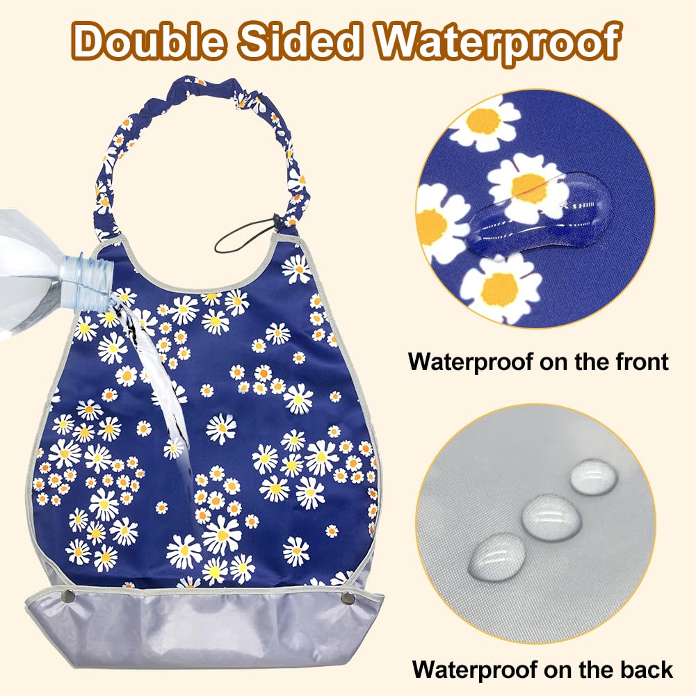 SwirlColor Adult Bibs for Elderly Washable Clothing Protectors Waterproof and Reusable Adult Bib for Eating Adult Bibs for Women Elderly Patient with Food Catcher (Daisy flower) - Image 4