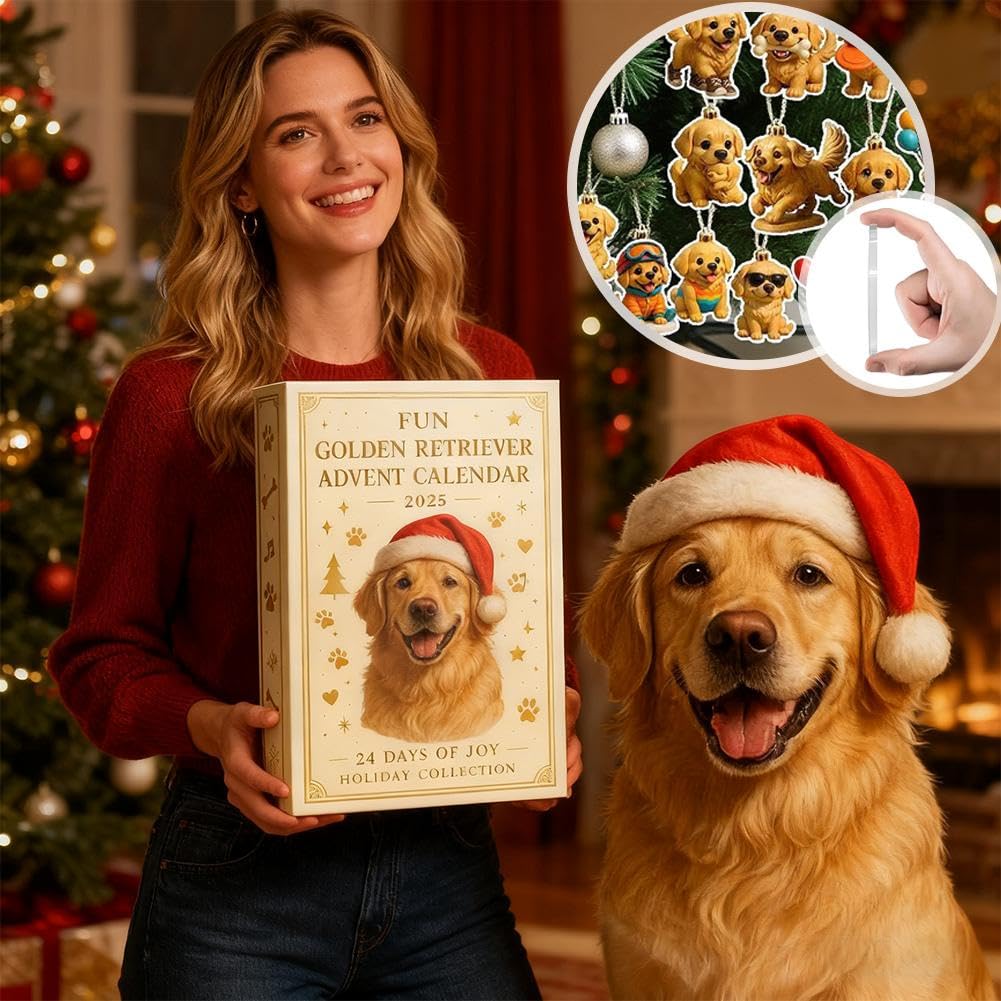 Divertente calendario dell'avvento 2025 con Golden Retriever, set regalo a tema cuccioli, conto alla rovescia per Natale da 24 giorni, con decorazioni 2D in acrilico per gli amanti degli animali