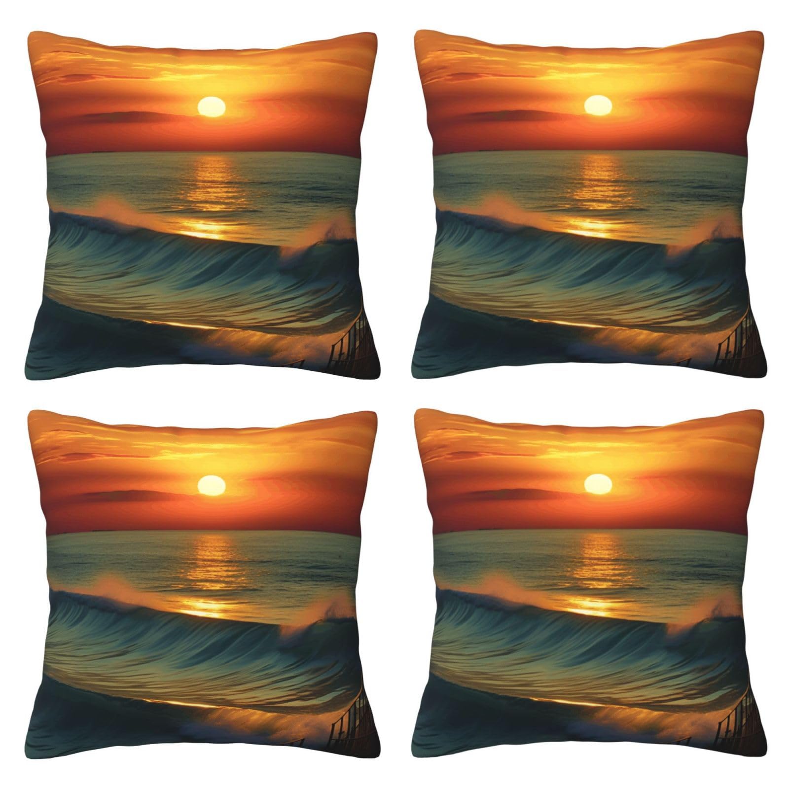 Sunset Seaside Throw Pillow Cases 4 Pack Square Pillowcases Super Soft Pillow Protectors With Zipper for Couch Livingroom Sofa Bed Office Car,50x50 CM