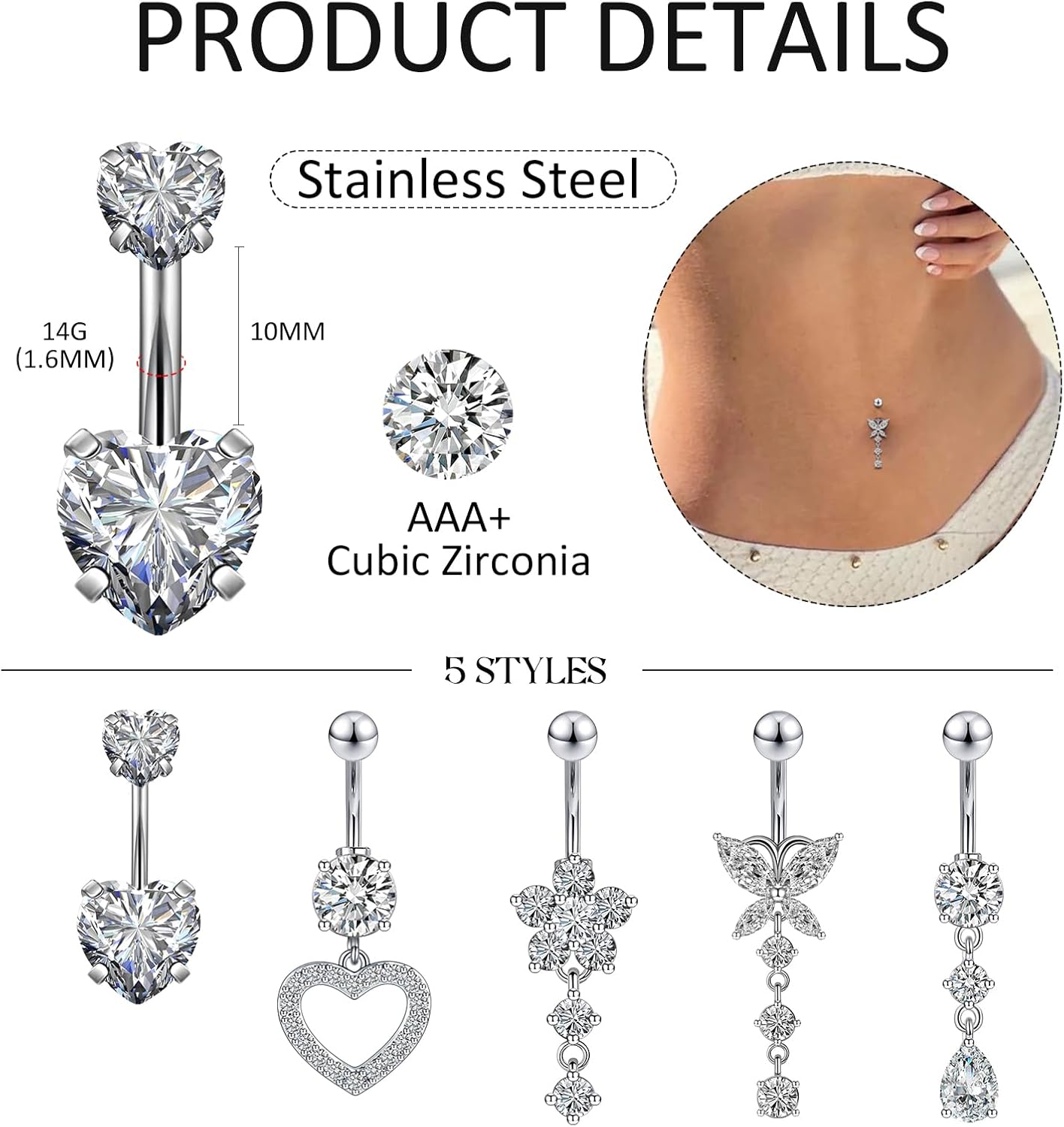 5pcs Belly Button Ring 14G 1.6MM Dangle Navel Belly Piercing Jewelry Cute CZ Heart Butterfly Flower Navel Belly Rings Silver Stainless Steel Belly Piercing for Women - Image 2