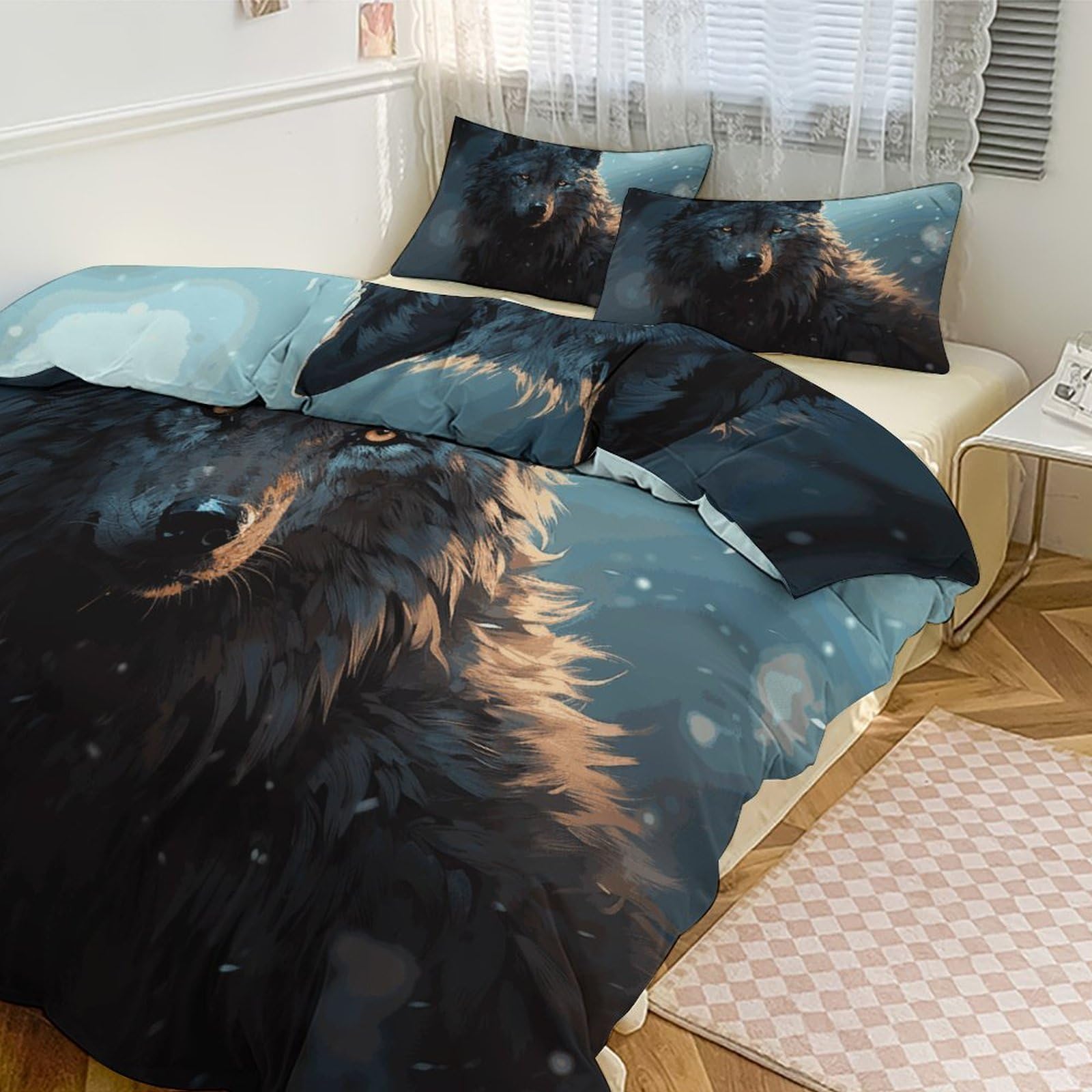 Parure de lit grand lit housse de couette loup et 2 taies d'oreiller