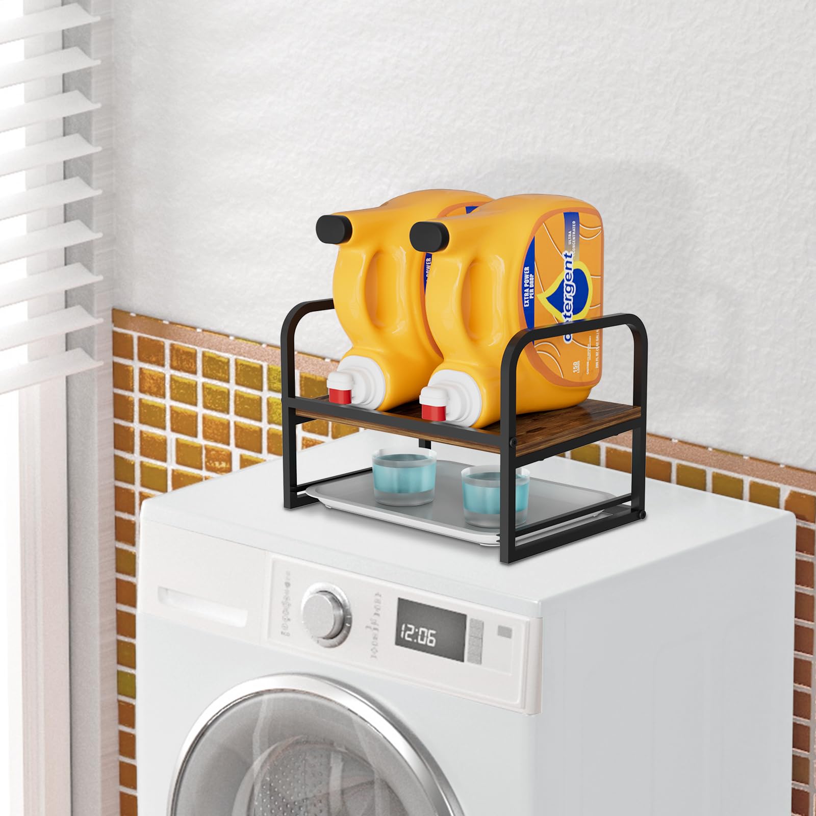 Soporte de madera para detergente para lavandería, dispensador de jabón de detergente líquido de lavandería con bandeja de goteo, para organización y almacenamiento de lavandería, color negro