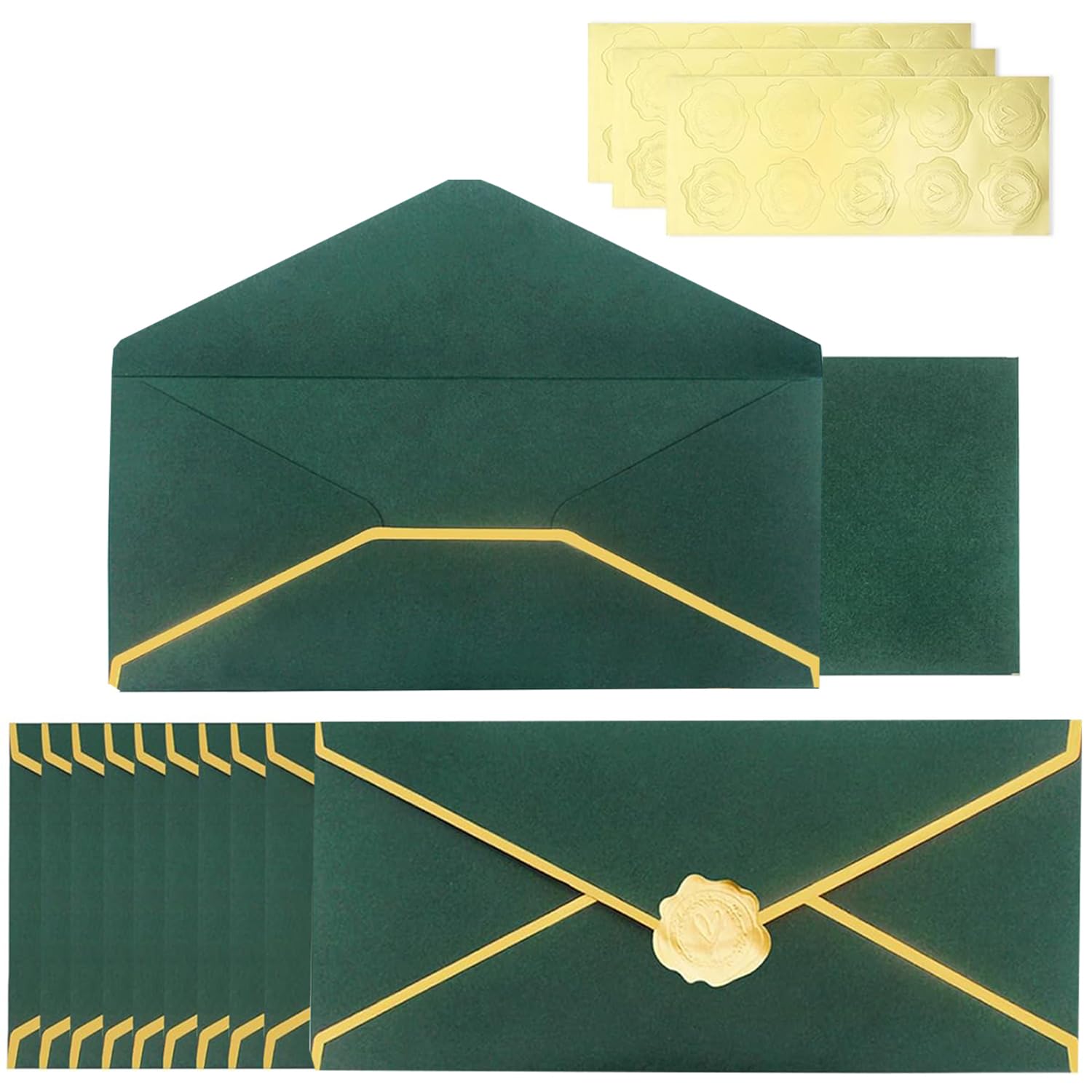 Business Envelopes with V-Flap Gold Border, 30 Pack Invitation Business Mailing Envelopes with Gold Stickers for Invoices, Checks, Letter Mailing (Green)