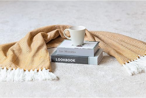 Miniatura 7 de Hofdeco Manta de punto decorativa moderna con rayas de espiga con flecos para sofá y sofá, 50 x 60 pulgadas, color amarillo mostaza