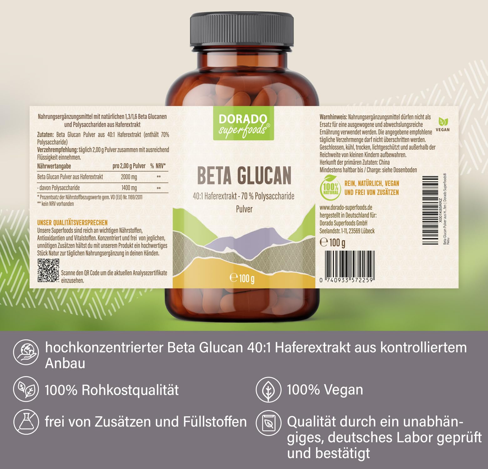 Beta Glucan Pulver Hochdosiert – 2.000 mg 40:1 Extrakt | 70% Beta Glucane | Entspricht 80.000 mg Hafer | 100 g | Reiner Hafer-Extrakt | Dorado Superfoods®
