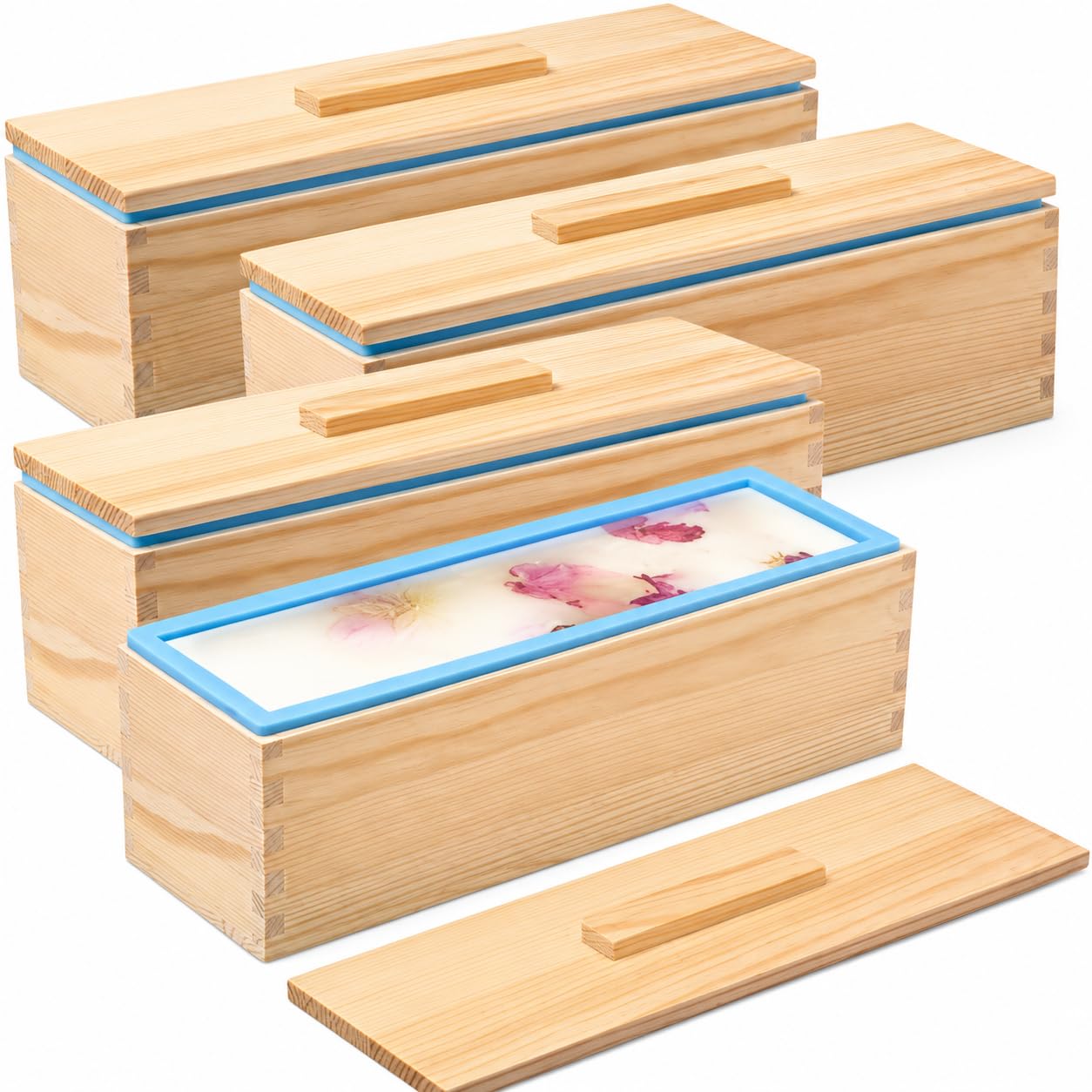 4er Seifen Silikonform, 1200ML DIY Rechteckiges Form Set aus Silikon-Seifenformen aus Holz, Handgemachte Seifenlaibform mit Holzkisten und Deckeln für Seifenherstellungszubehör Cakes (Blau)