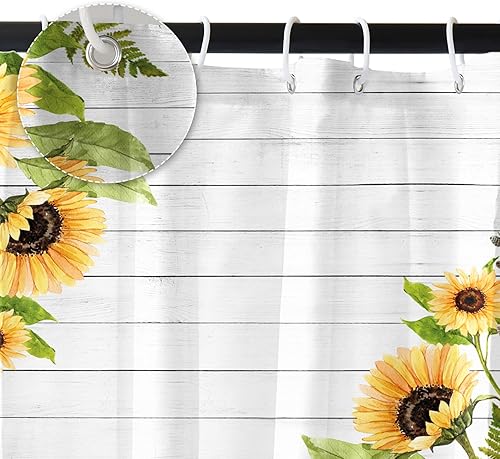 Miniatura 4 de Renaiss Cortina de ducha rústica de girasol de 60 x 72 pulgadas, flores amarillas de granja, mariposas en tablones de madera rústica, cortinas de