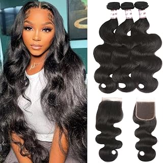12A Brazilian Human Hair Bundles Body Wave 3 Bundles with Lace Closure 4x4 Free Part 100% Unprocessed Remy Human Hair Bundles with Closure Wet and Wavy Double Weft Natural Color (20 22 24+18)