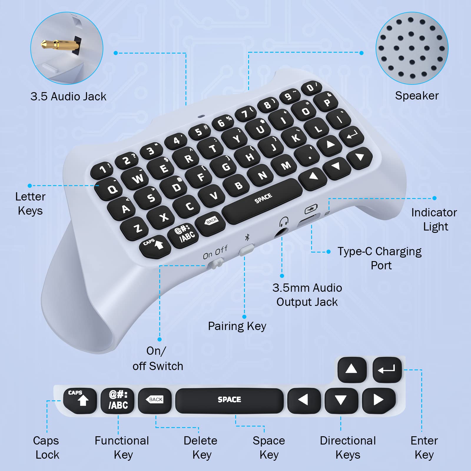 MoKo Controller Tastatur Chatpad für PS5, Kabellose Bluetooth Tastatur mit Grüner Hintergrundbeleuchtung & 3,5 mm Audioanschluss, Kompatibel mit PlayStation 5 Controller für Multiplayer Gaming Chat