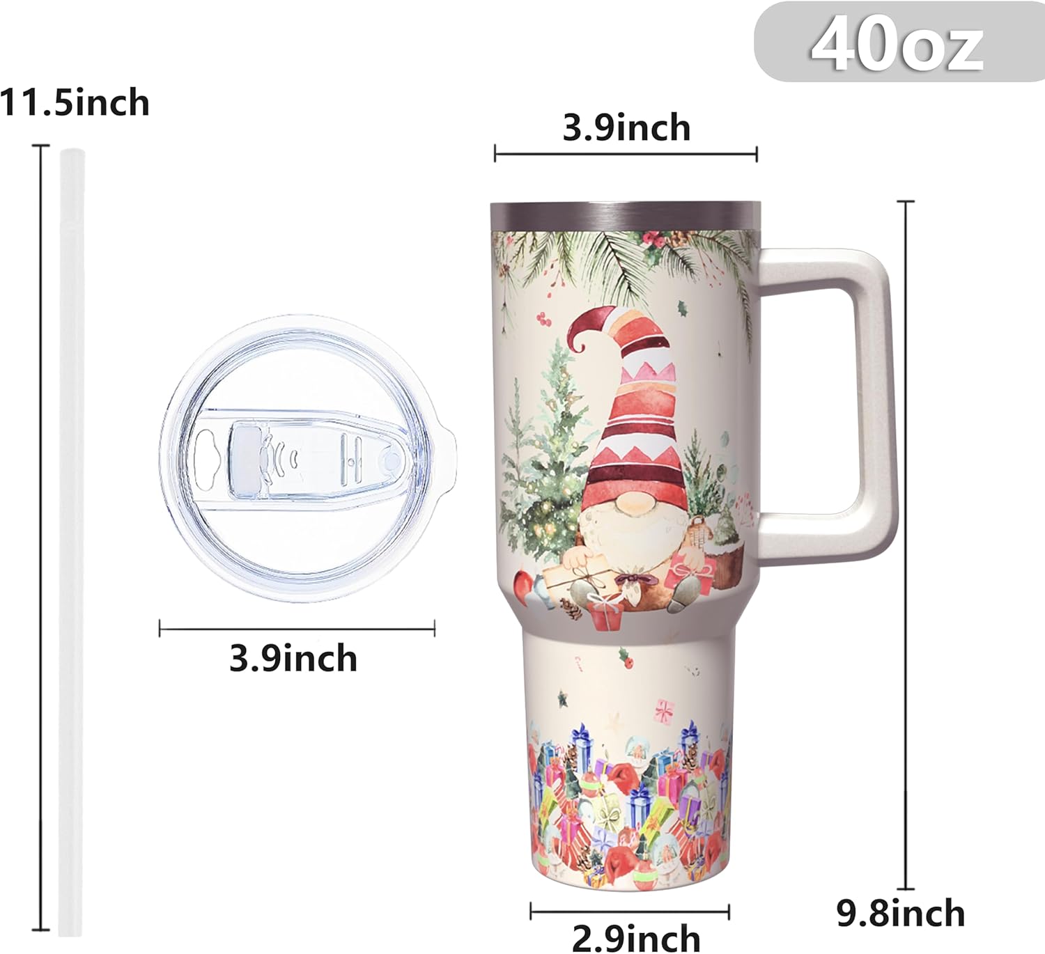 40 oz Christmas Tumbler with Handle and Straw, Stainless Steel Insulated Xmas Gnome Tumbler 40 oz, Reusable Gnome Cup with Leak Proof Lid, Christmas Gifts for Women - Image 6