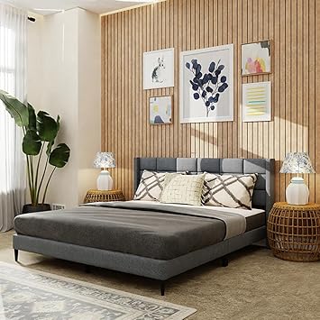 Royaloak Willow Upholstered King Bed | Solid Wood Upholstery Head Board King Bed Linen Upholstery | Fabric | Modern Design King Size Bed | Strong & Durable Bed King Size | Wooden Bed King Size