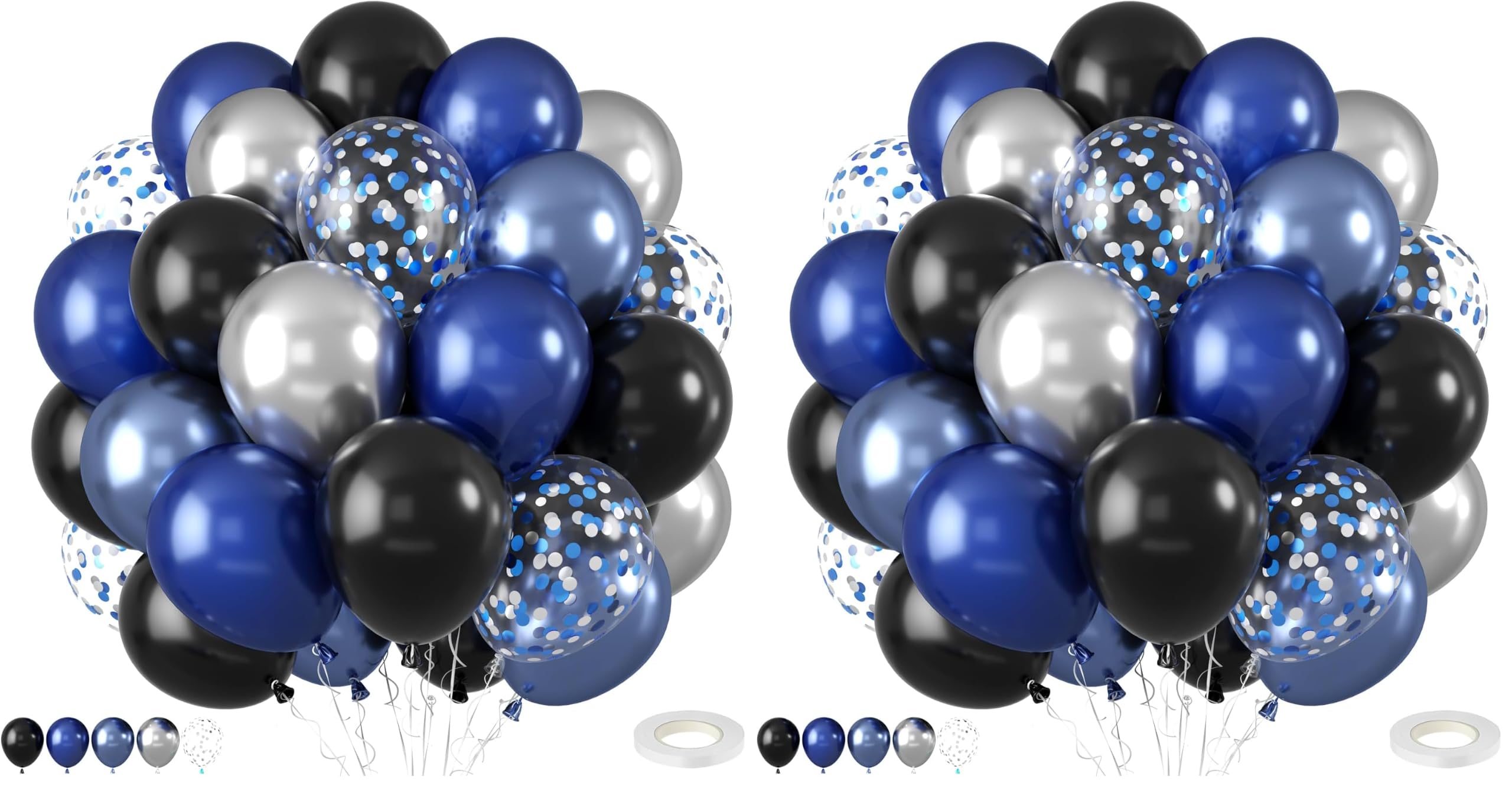 Blue and Black Balloons,50PCS 12 Inch Royal Blue Black and Silver Confetti Balloons with Ribbon,for Boys Birthday Baby Shower Graduate Blue and Black Party Decoration (Pack of 2)