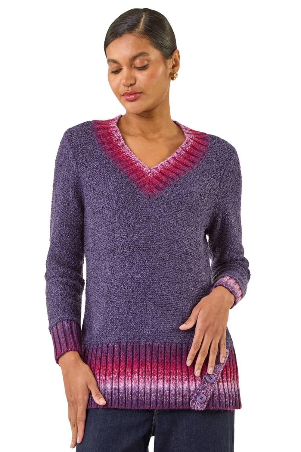 Roman Women's Purple V-Neck Ombre Trim Knit Jumper In | : Size 14