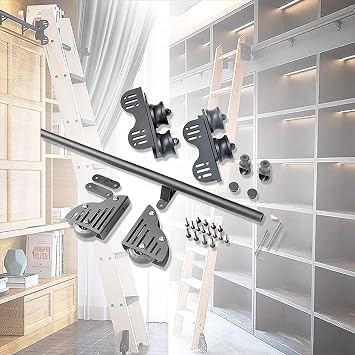 3.3ft-20ft Sliding Library Ladder Hardware Kit Telescopic Upper Roller, Round Tube Mobile Track Home Office Rolling Rail Full Set, Floor Wheels with BrakesNo Ladder, Can Custom Made Color 12ft/3