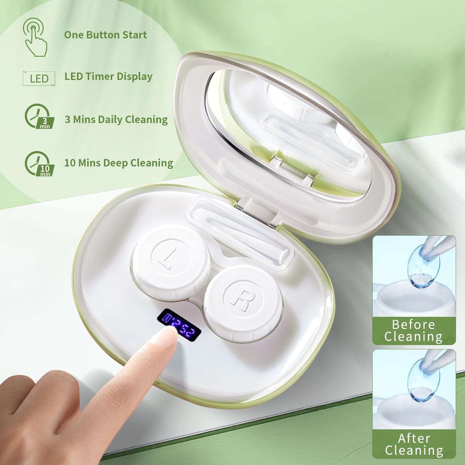 Máquina limpiadora ultrasónica de lentes de contacto, estuche de limpieza de lentes de contacto con cargador USB, pantalla de temporizador y 5 recipientes de solución de contacto, se adapta