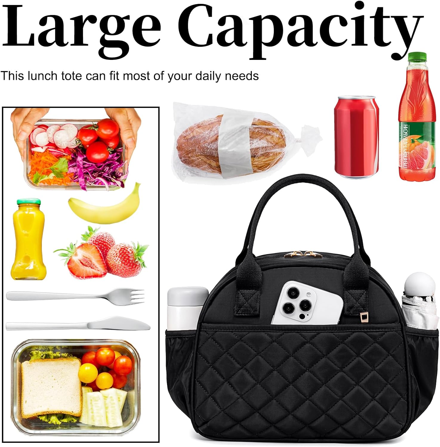 BTOOP Lunch Box for Women Men Insulated Lunch Bag Quilted Lunchbox Cute Adult Lunch Tote with Adjustable Shoulder Strap Reusable Lunch Bags Water Resistant for Travel Work Picnic (Black) - Image 6