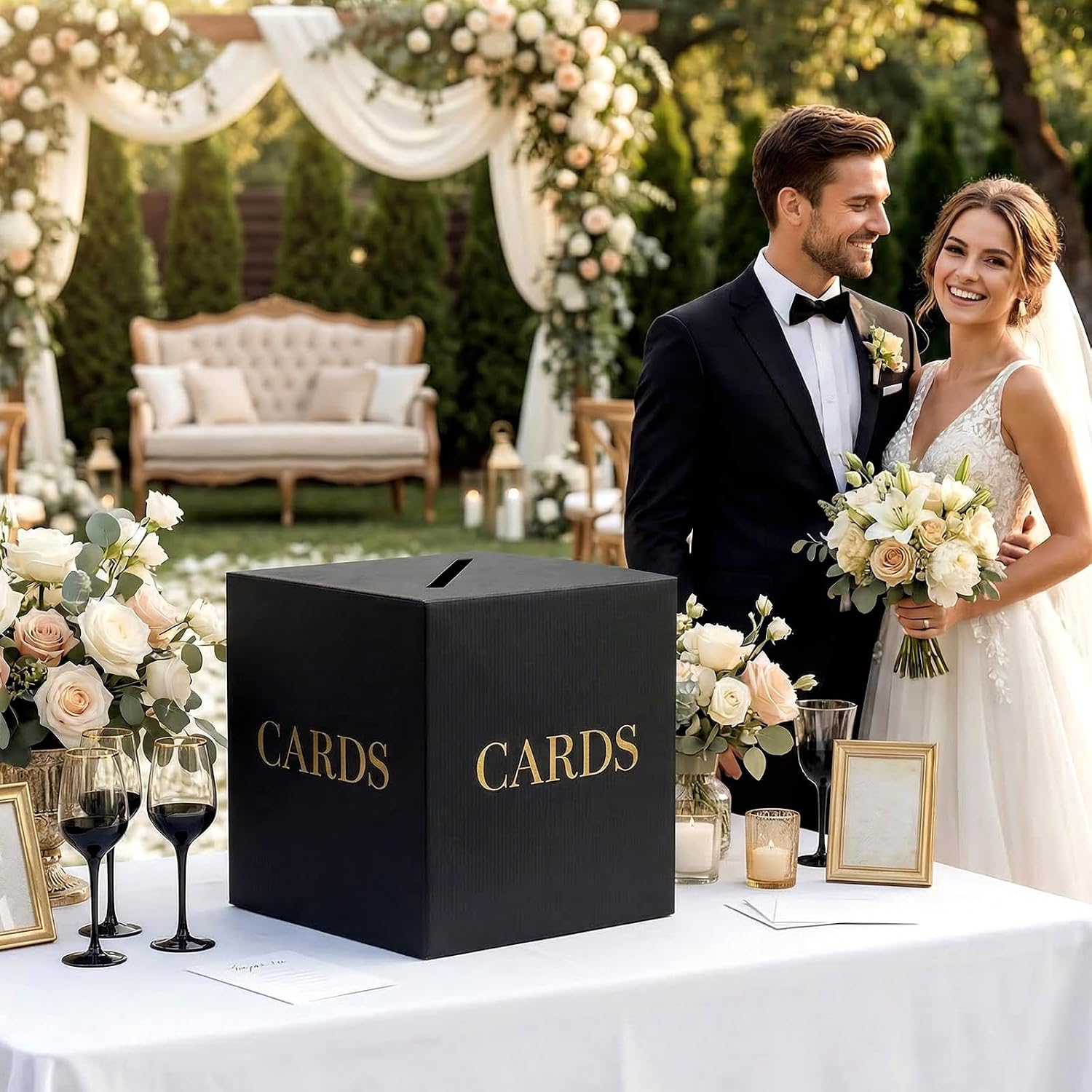 Large Black & Gold Wedding Card Box for Party Reception, Thick Cardboard Money Envelope Cards Holder Gift Box with Slot for Bridal Shower, Graduation, Funeral Memorial, Birthday Party Decorations