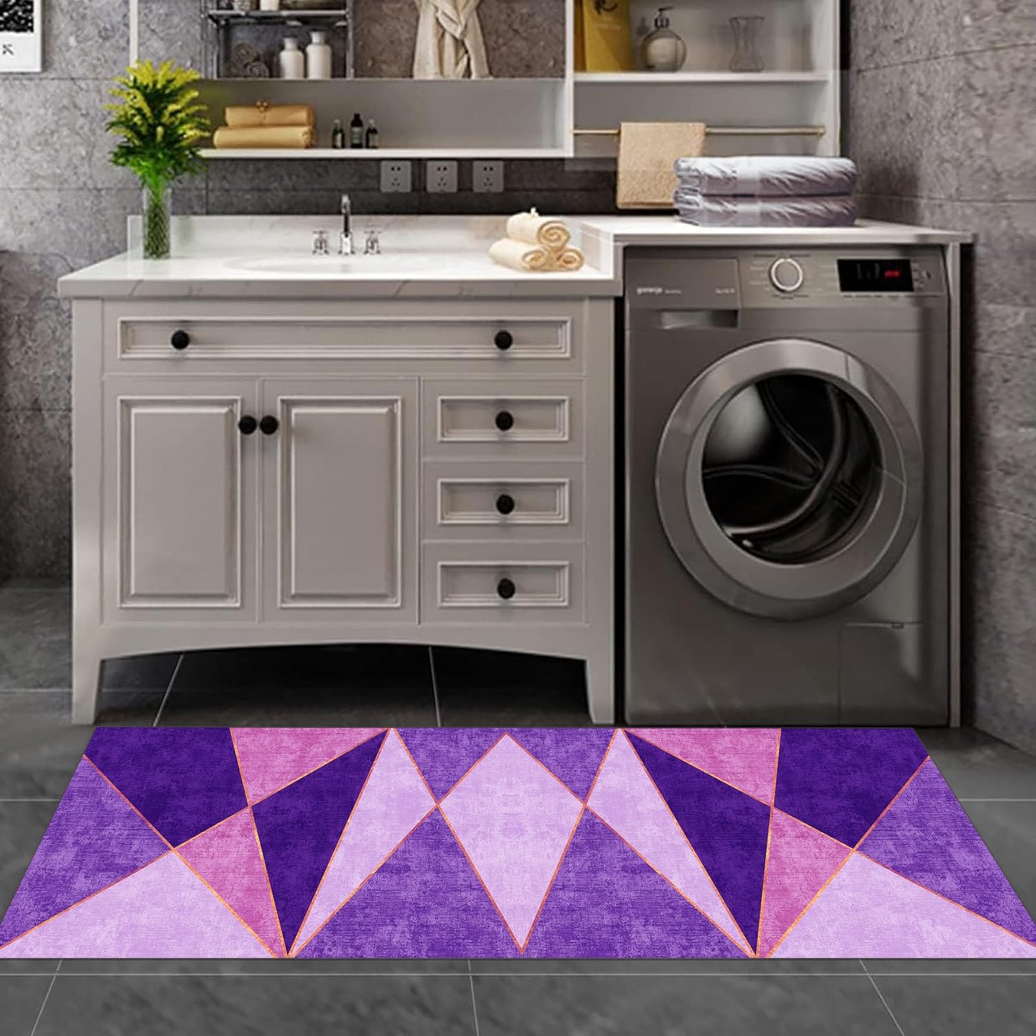 Tapis de couloir long - Rose - Violet - Antidérapant - Lavable - Design moderne - 80 x 450 cm - Tapis de cuisine au mètre - Pour salle à manger, chambre à coucher, salon