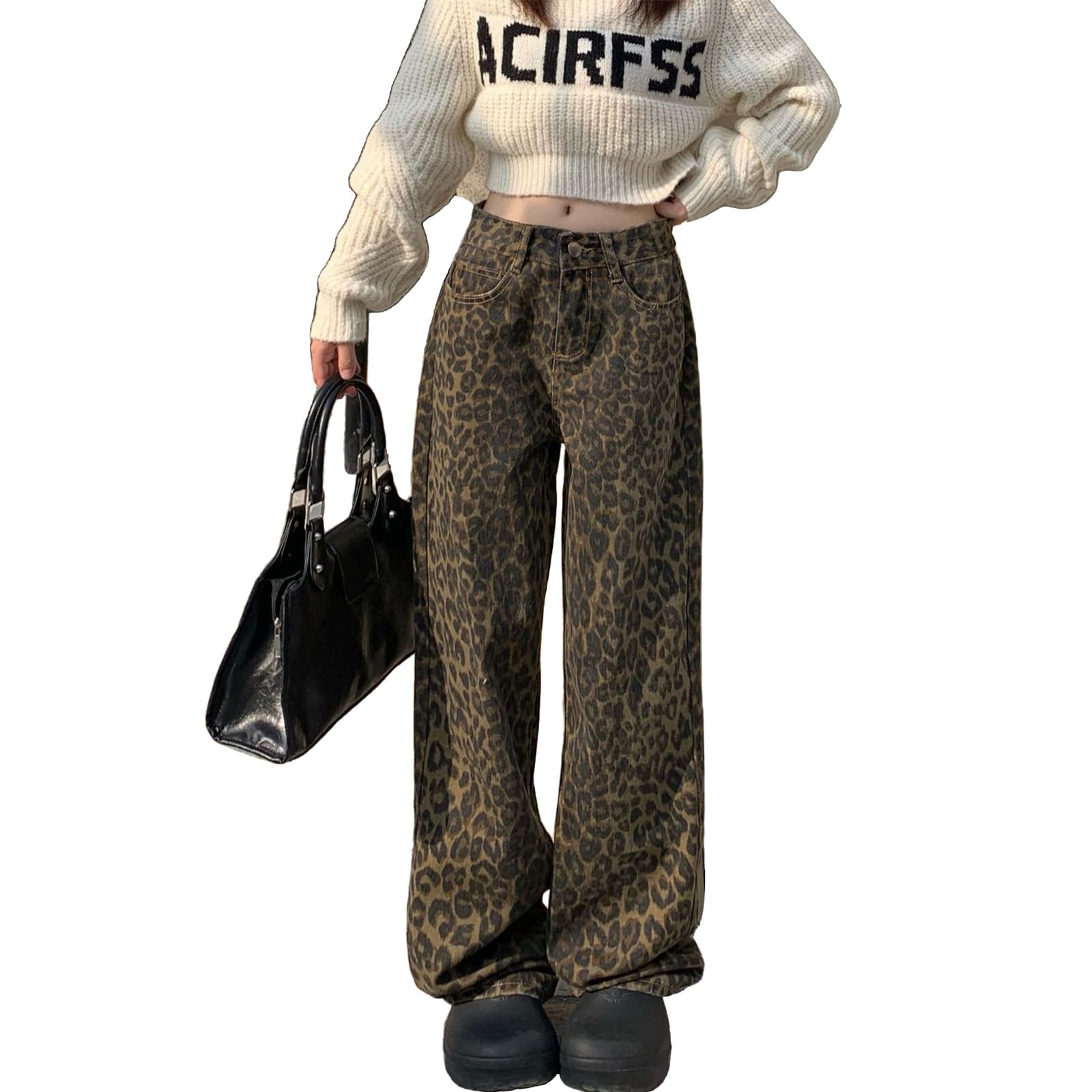 YELLOOP Leopard Print Jeans Y2k Jeans Leopard Jeans Grunge Y2k Pants Womens Baggy Jeans 2000s Leopard Pants S Dark