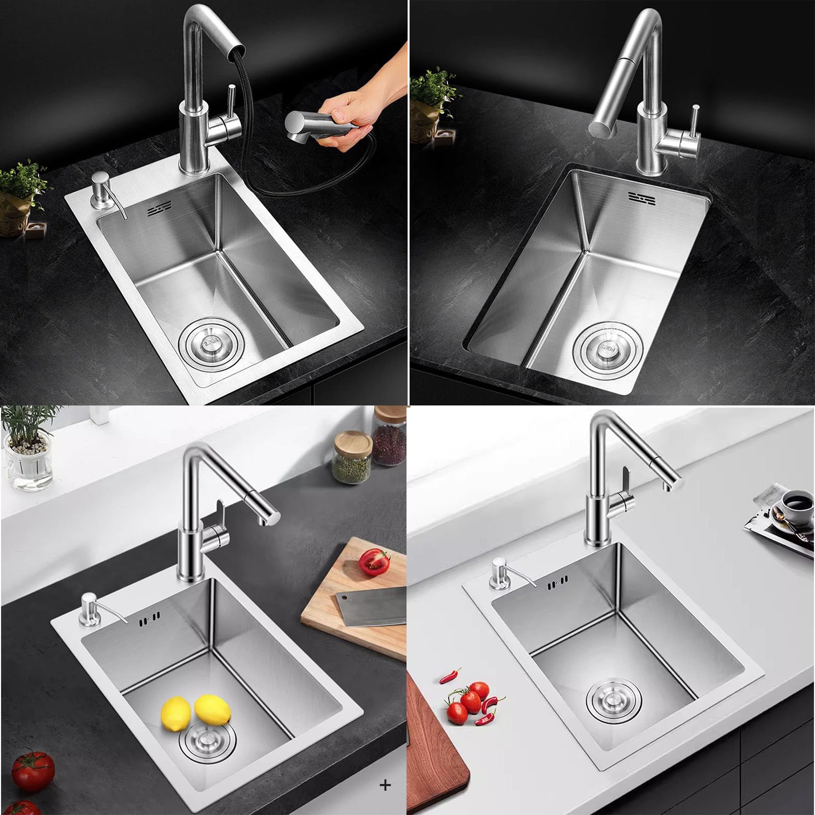 Evier de cuisine bar de balcon lavabo évier simple en inox 304 avec robinet extractible, distributeur de savon, panier télescopique (28 * 46 * 22cm, Argent)