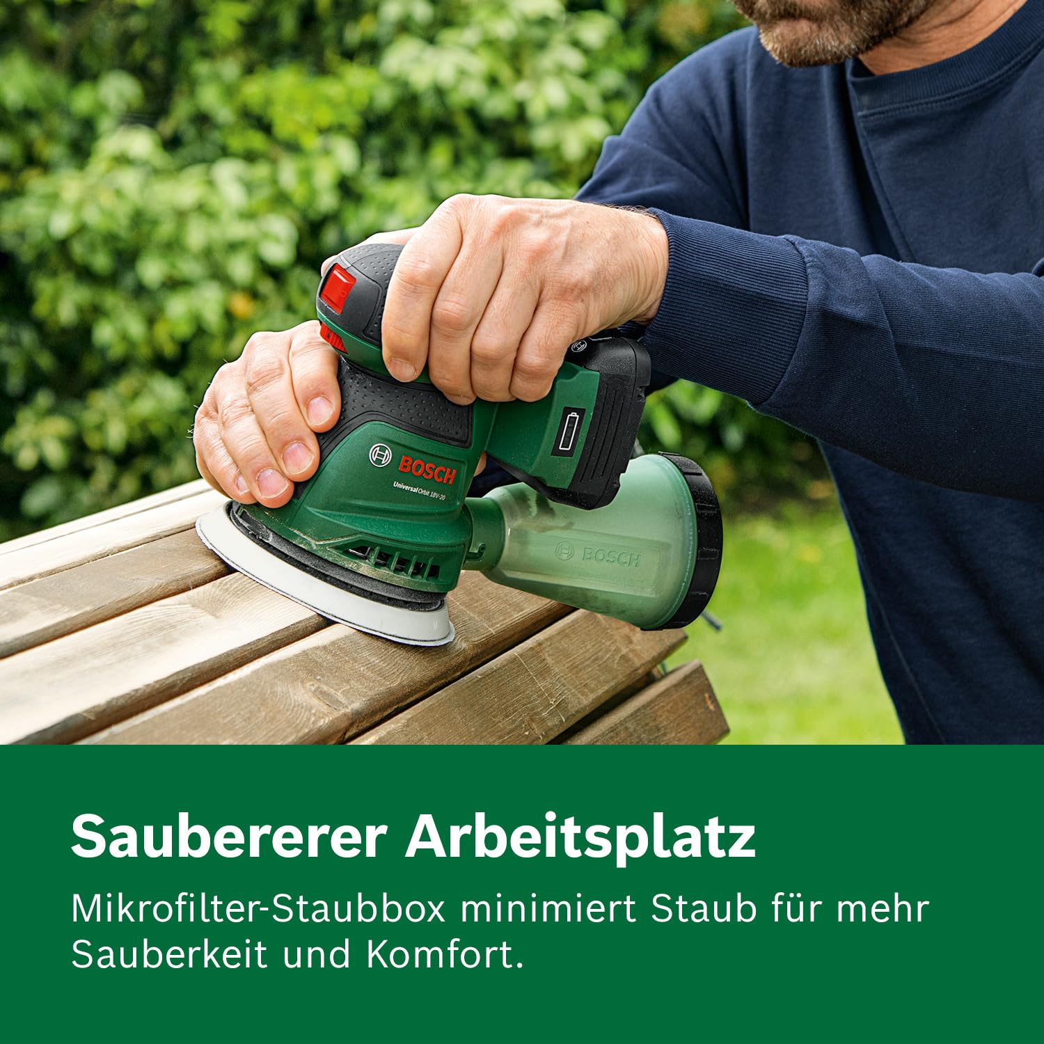 Bosch Akumulatorowa szlifierka mimośrodowa UniversalOrbit 18V-20 zestaw(szlifowanie średnich i dużych powierzchni drewnianych, lazurowanych i malowanych,średnica:125 mm,akumulator 2,0 Ah i ładowarka)