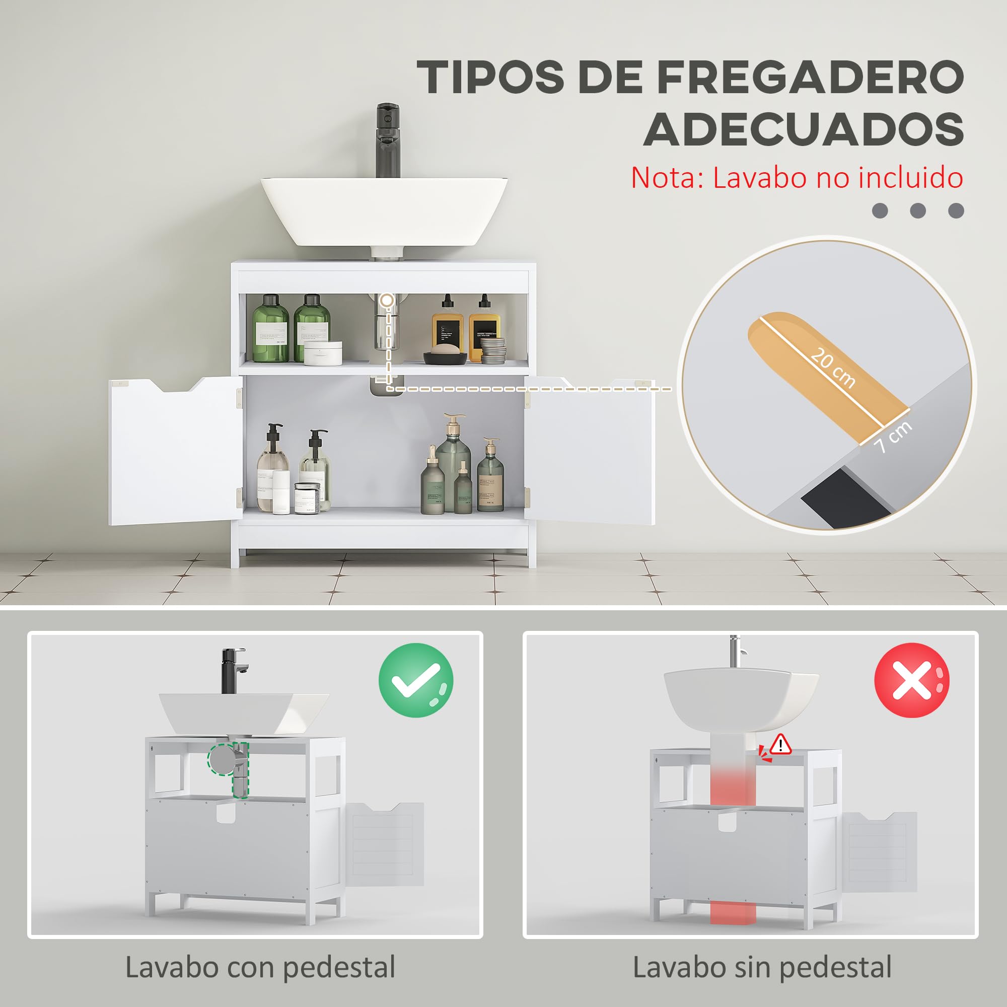 kleankin Armario para Debajo de Lavabo con Estante 60x30x60 cm Blanco | Gabinete de Baño, 2 Puertas de Almacenamiento, Dispositivo Antivuelco, Resistente a la Humedad