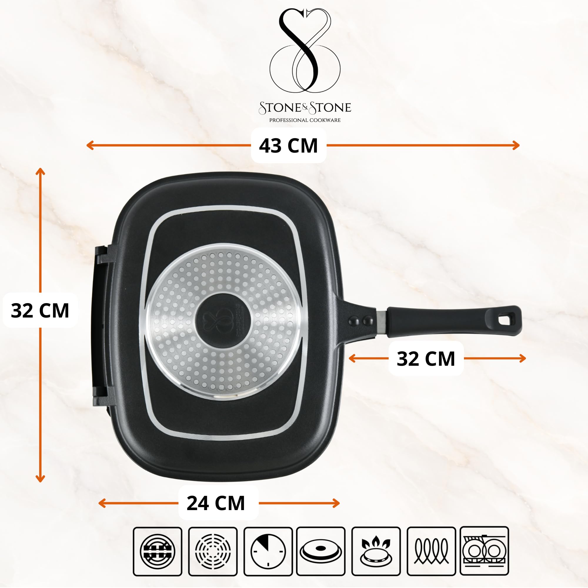Stone&Stone Doppia Griglia Bistecchiera Rettangolare 32 x 25 cm, Padella Fornetto Antiaderente Ceramica Tedesco, 2 Piastre Separabili, Induzione Gas, Chiusura Ermetica, con Pinza, Senza PFAS PTFE PFOA