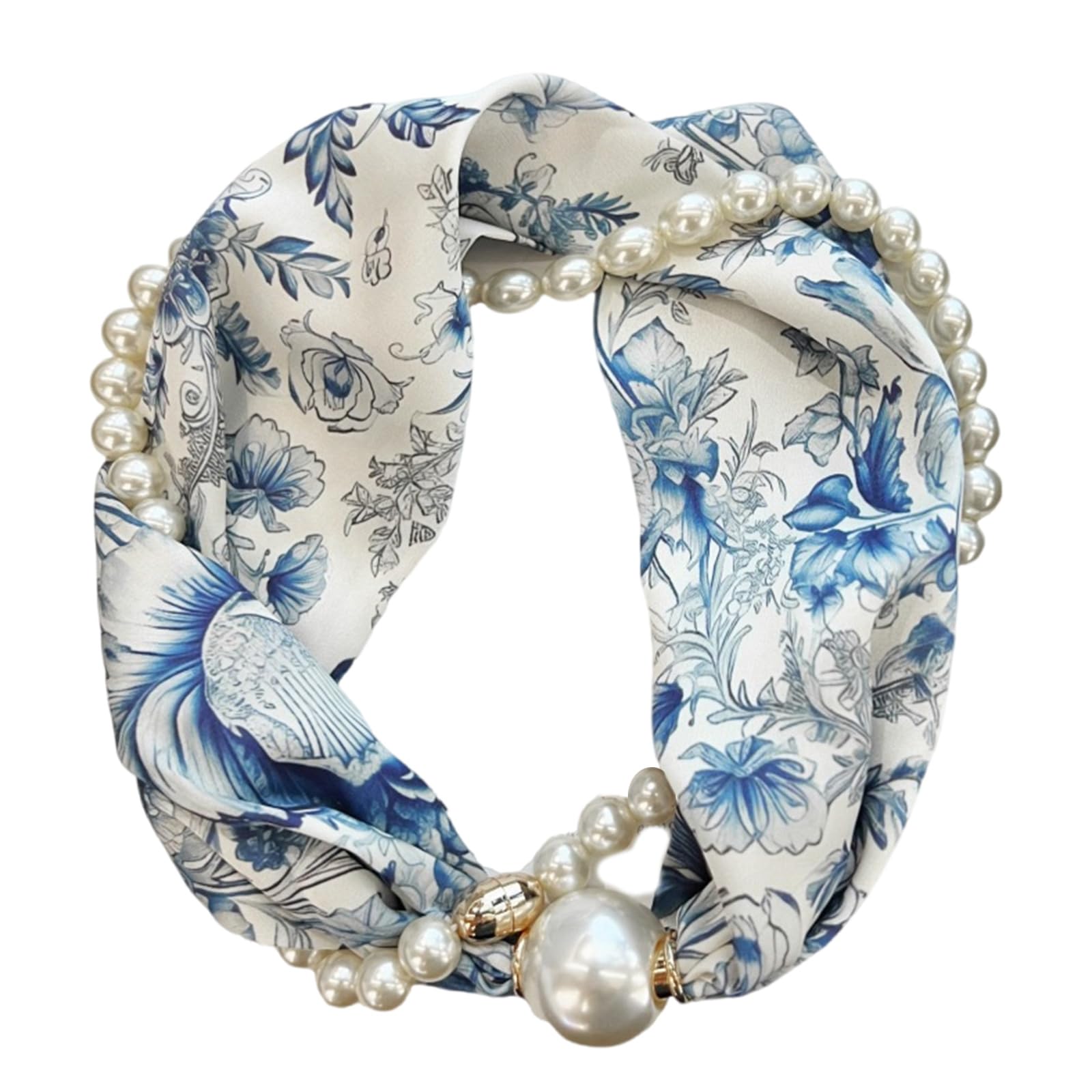 Zepfjhe Women's Blue And White Porce Magnetic Clasp Pearls Chain Necklace Floral Satins Scarf Elegant Silk Skinny Narrow Neckerchief For Fashionable