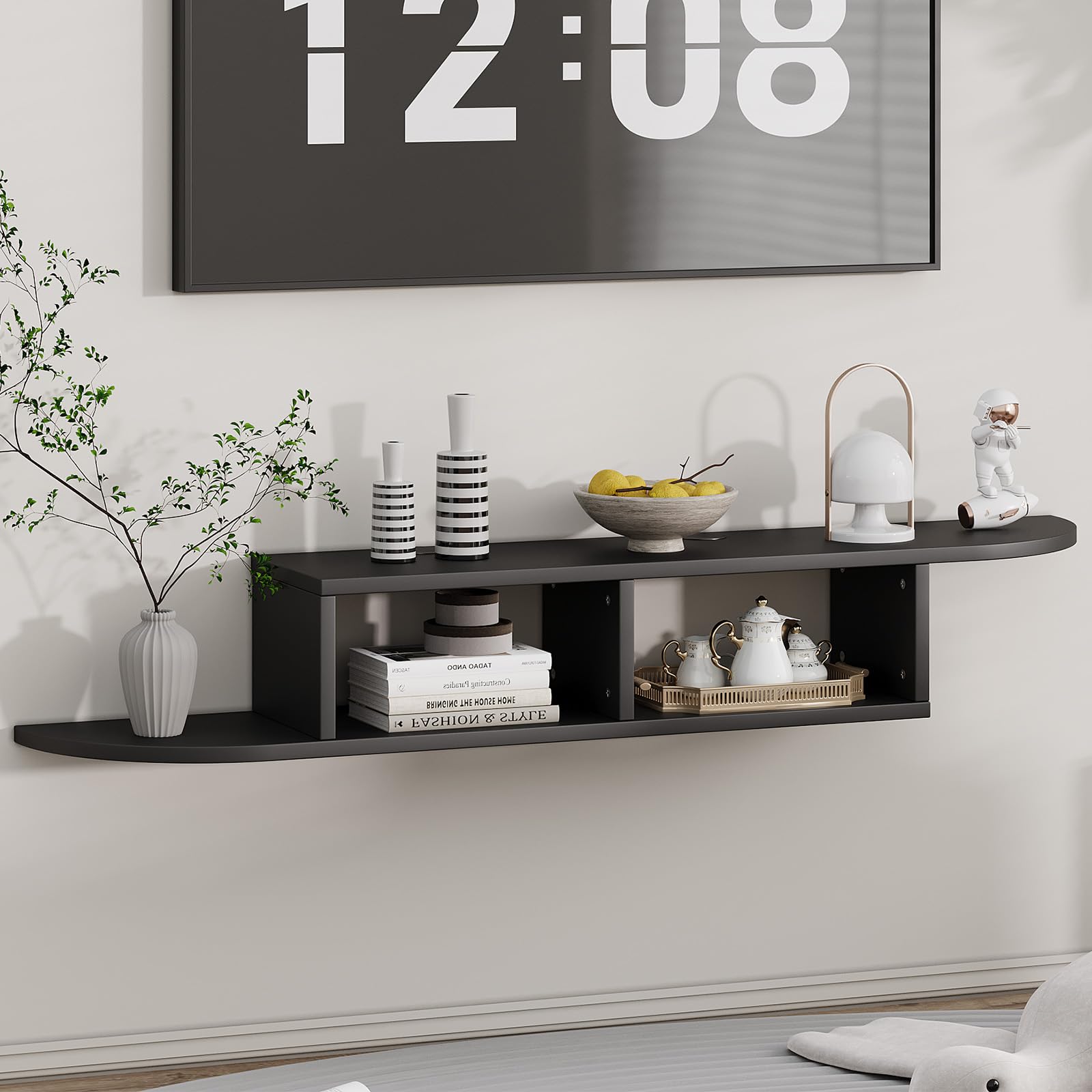 4 EVER WINNER Floating TV Stand with Storage, 55" Floating Shelves for Wall, Floating Entertainment Center Wall Shelf for Living Room, Bedroom, Black