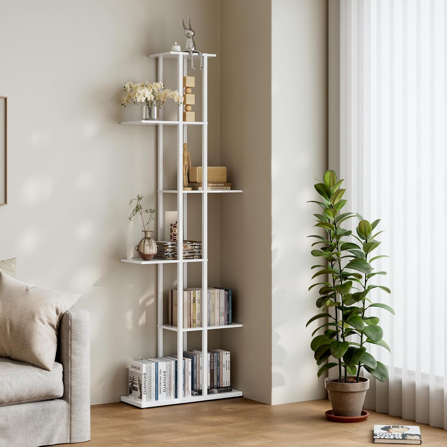 Bookshelf?Small Bookcase for Small Space?6-Tier Bookshelf for Living Room, Home Office, Study?9.45 x 20.8 x 62.2 Inches,White White 9.45D*20.87W*62.2H