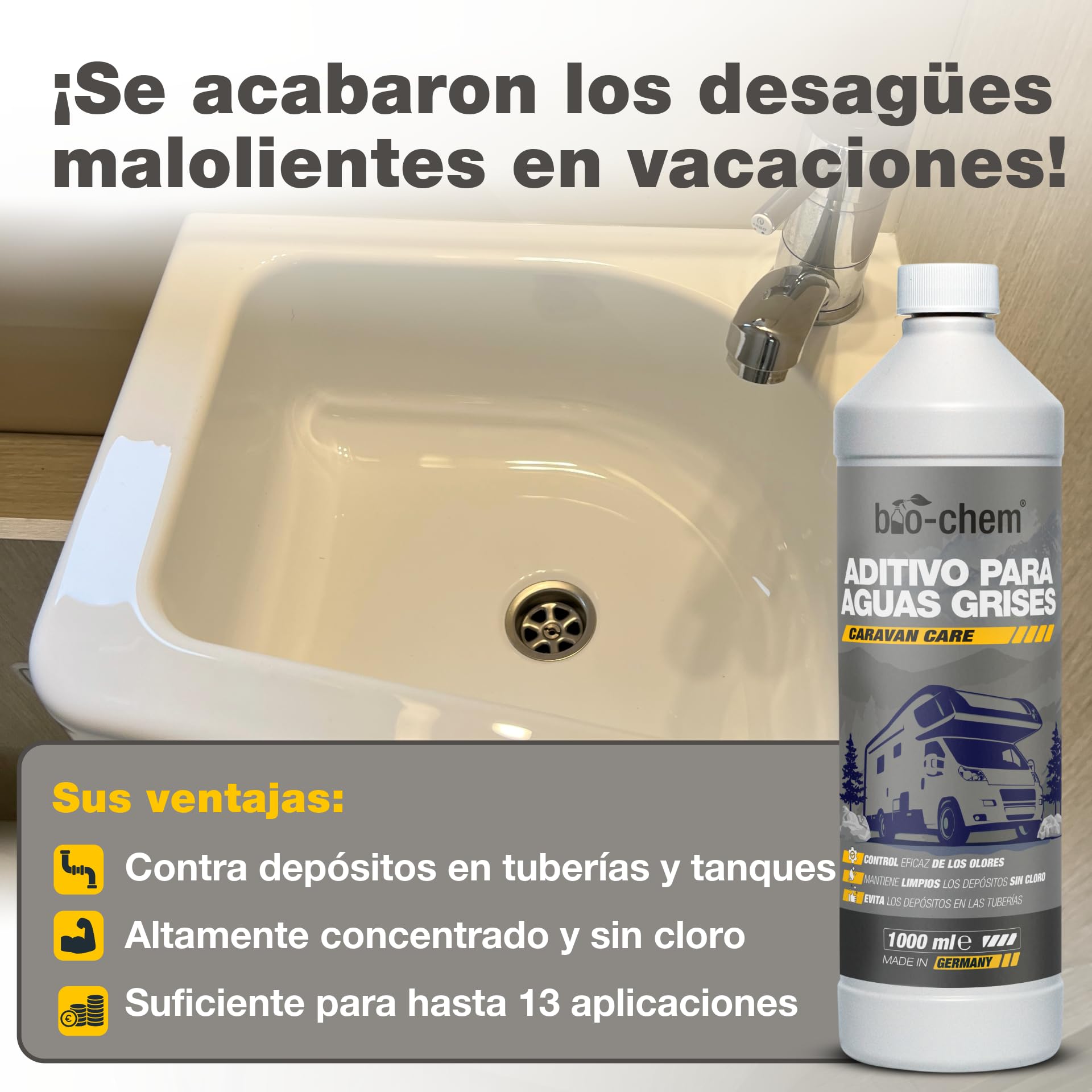 Bio-Chem - Set de 3 Productos de Limpieza para aseos higiénicos de autocaravanas - Limpiador para depósitos de Agua Dulce de caravanas - Limpiador para Aguas Grises - Líquido Sanitario