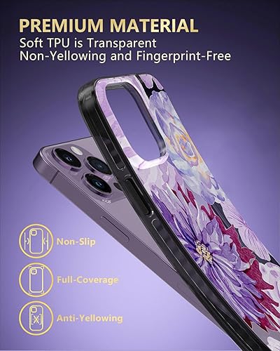 Miniatura 6 de SCORPIFY Funda para iPhone 14 Pro Max con diseño floral de zinnia morado, bonita funda transparente para mujeres y niñas, protección contra caídas