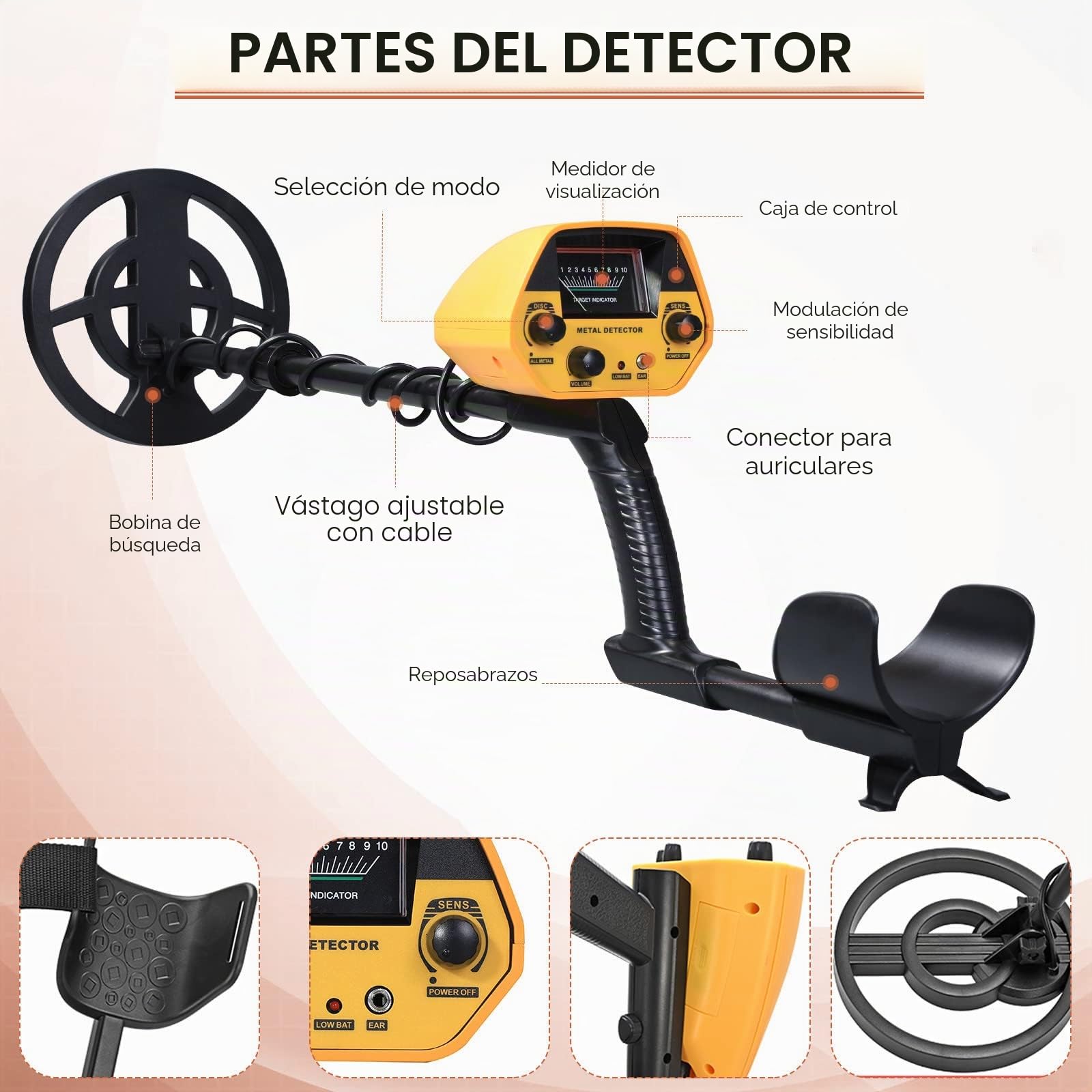Detectores de metales de alta precisión Detector de metales impermeable, detector de oro, altura ajustable 78-108 cm con bobina de búsqueda de 25 cm para niños y adultos