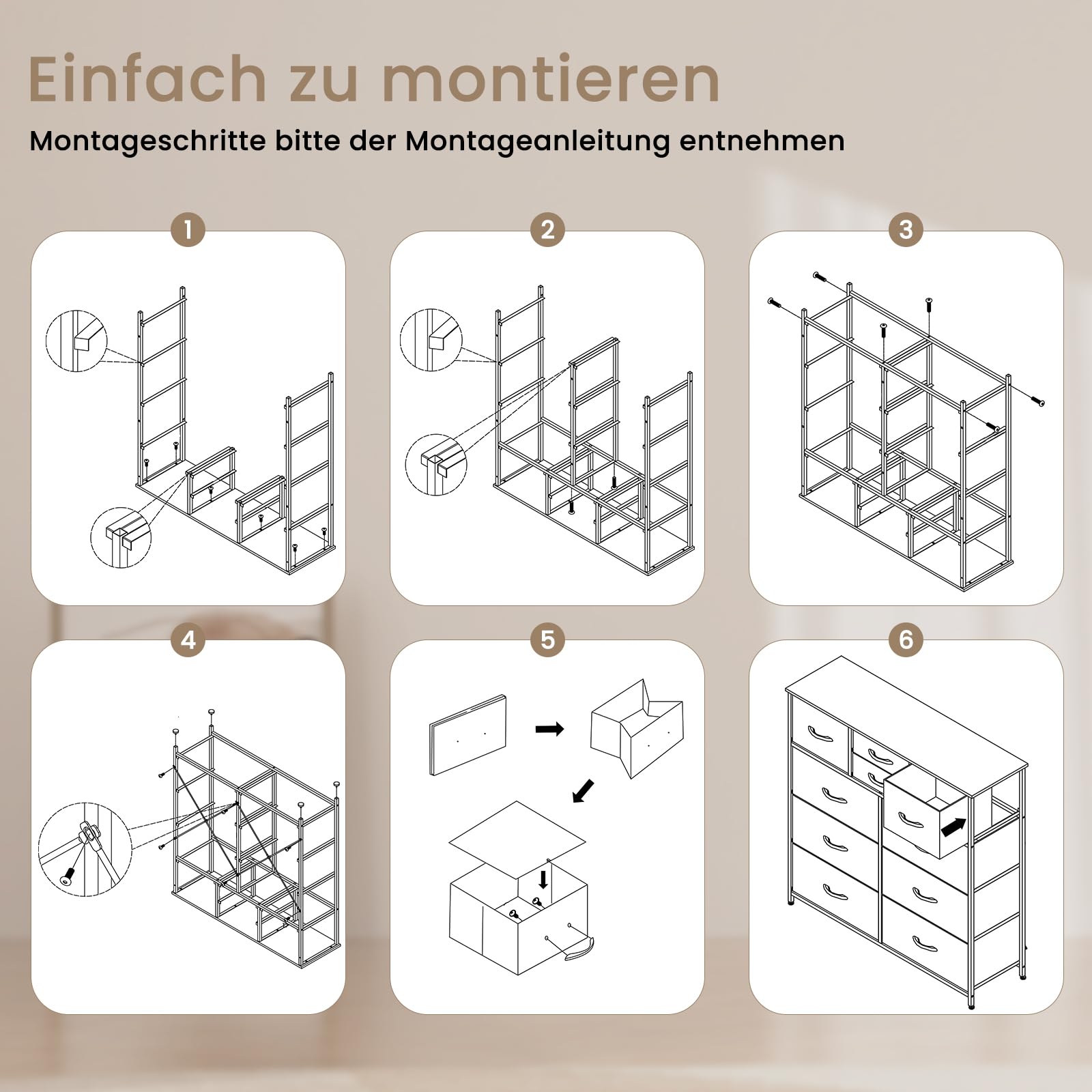 WOLTU Kommode mit 10 Schubladen aus Stoff, aus Metallrahmen