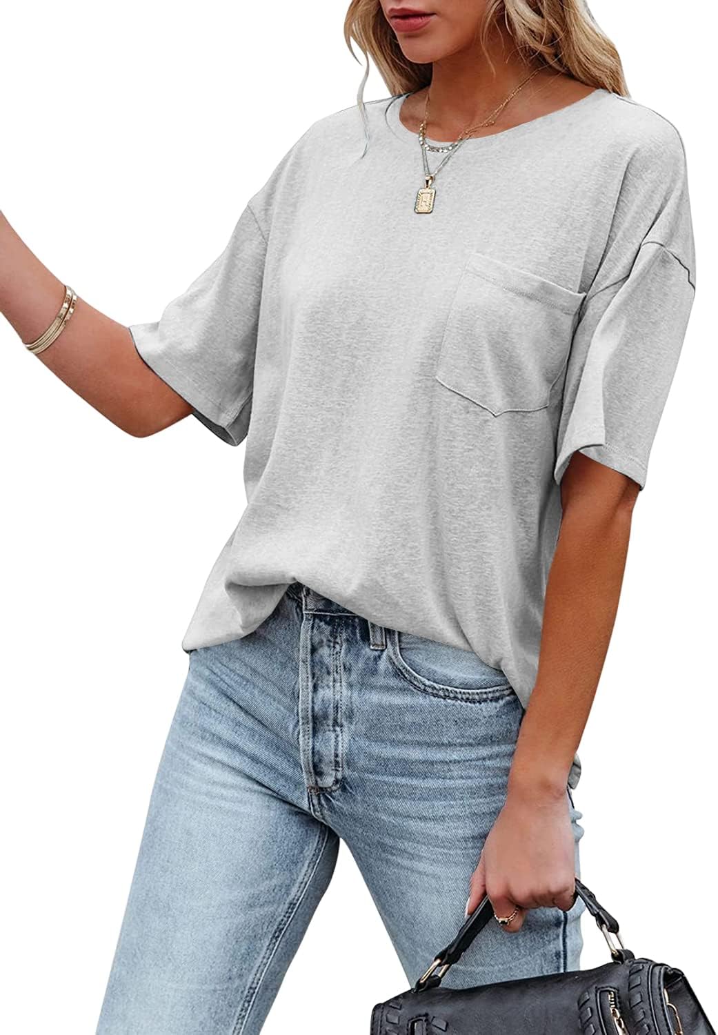 Muchpow Women’s Crewneck Summer T Shirt Short Sleeve Casual Loose Tops with Pocket