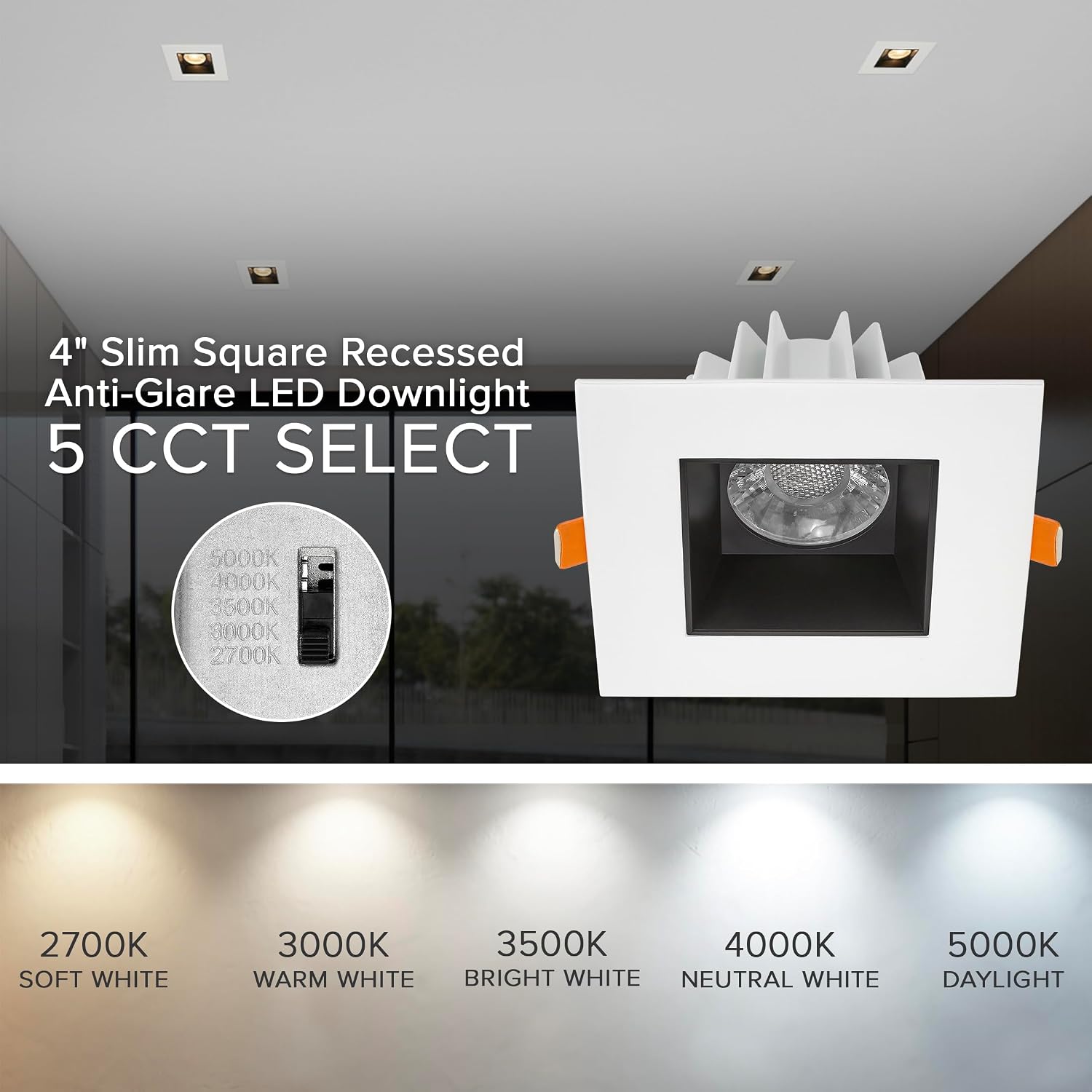Maxxima 4 in. Ultra-Thin Recessed Anti-Glare LED Downlight, Canless IC Rated, 5 Color Temperature Selectable 2700K/3000K/3500K/4000K/5000K, Dimmable Square White/Black Trim, 90 CRI
