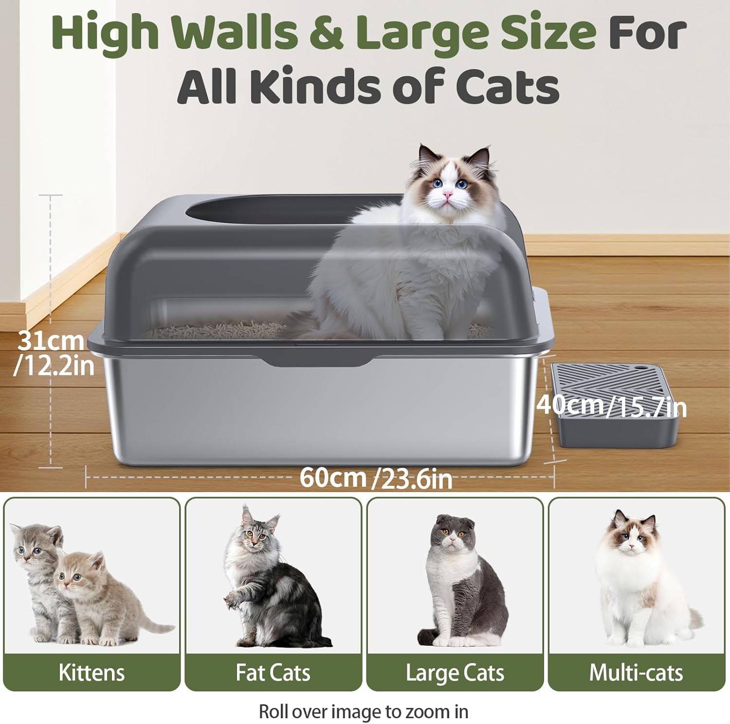 Gimars XL Stainless Steel Cat Litter Box, Large Stainless Steel Cat Litter Tray, 36L Metal Litter Tray with Litter Scoop & Pedal, Good for Large Medium Cats