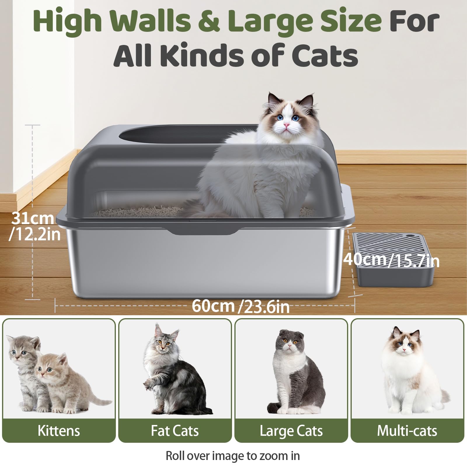 Gimars XL lettiera in acciaio per gatti, ampia vaschetta in acciaio inox da 20L con paletta e pedale, lettiera in metallo ideale per gatti di taglia media e grande