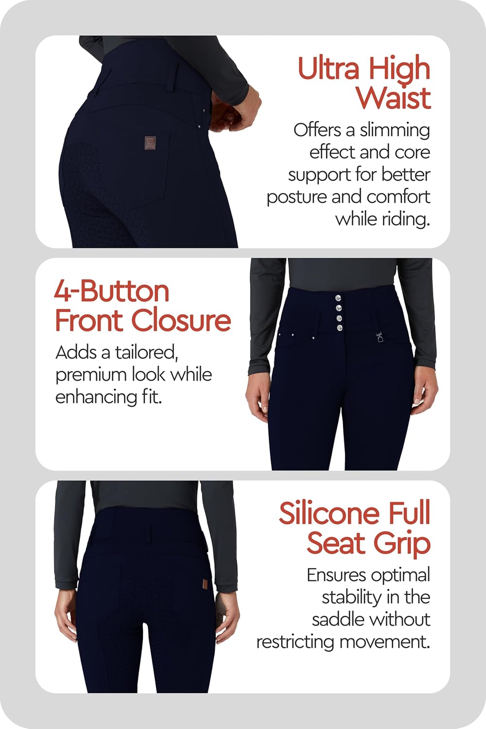 HORZE Women's Tara Full Seat Silicone Grip Breeches | Stretchable, High Waist with 4 Pockets