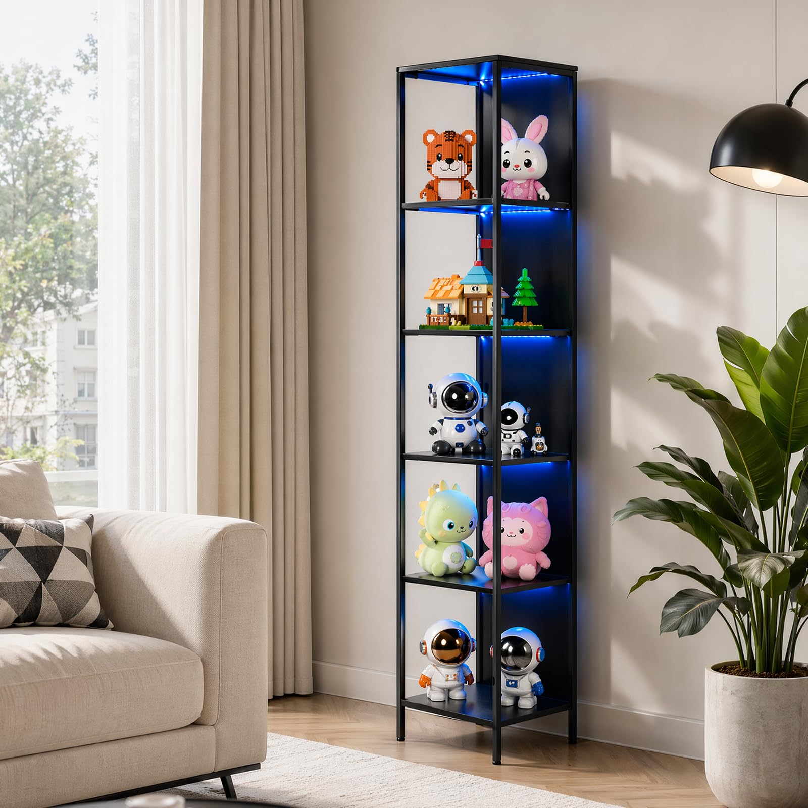 EGGREE Offene Sammlervitrine mit LED-Beleuchtung,Regal mit 6 LED Farben Beleuchtung, Vitrine für Sammlerstücke Bücher Wein, für Büro Wohnzimmer Küche, 40x30x178cm | Offene Sammlervitrine, 6 LED-Farben, Regal für Sammlerstücke, Bücher, Wein, geeignet für B
