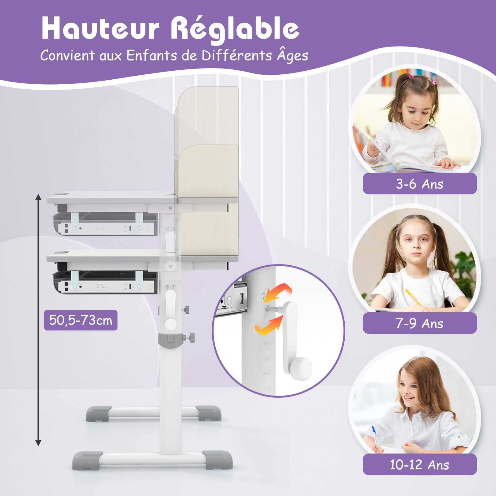 GOPLUS Bureau Enfant Fille Garcon, Table d'Étude Réglable en Hauteur avec Rangement, Plateau Inclinable à 7 Niveaux, Tiroir, Support à Livre, Bureau pour 3-12 Ans pour Maison École (Gris)