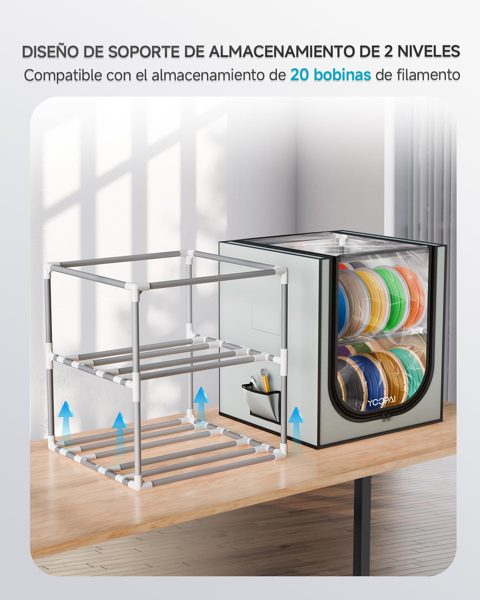YOOPAI Caja de almacenamiento de filamentos para impresora 3D con desecantes, estante de almacenamiento de filamentos de metal de 2 niveles con cubierta de tela, capacidad para hasta 24 rollos de