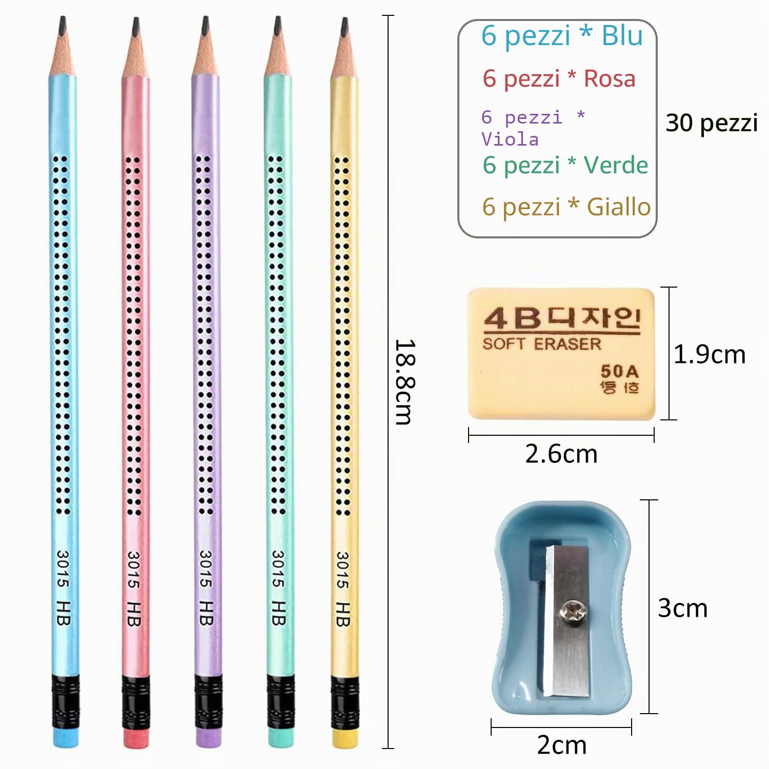 Set di 30 matite HB triangolari pre-affilate con gomma e temperino - Blu