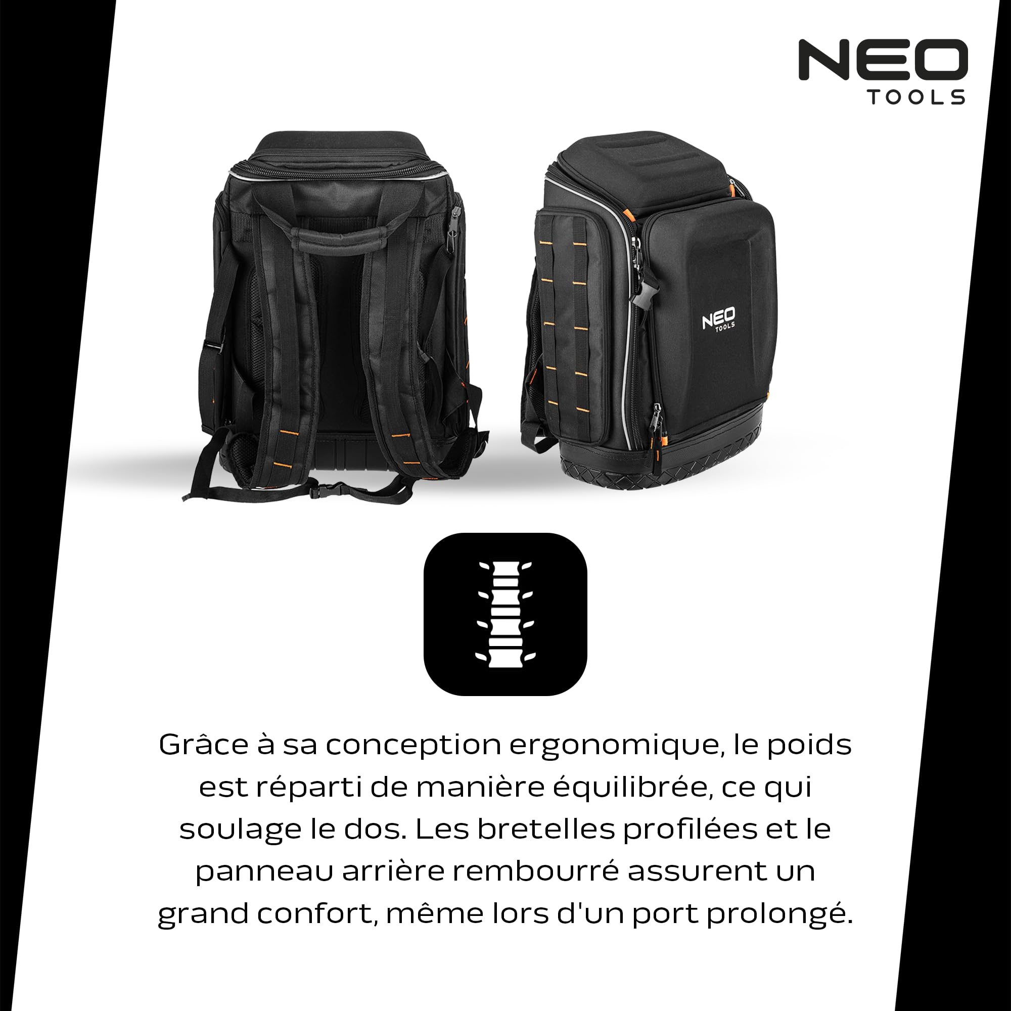 NEO TOOLS Sac à dos à outils 20 l I Poches pour accessoires | Sac à dos à outils avec fond en caoutchouc, sac à dos robuste avec renfort pour électriciens, plombiers, travailleurs d'entretien 26