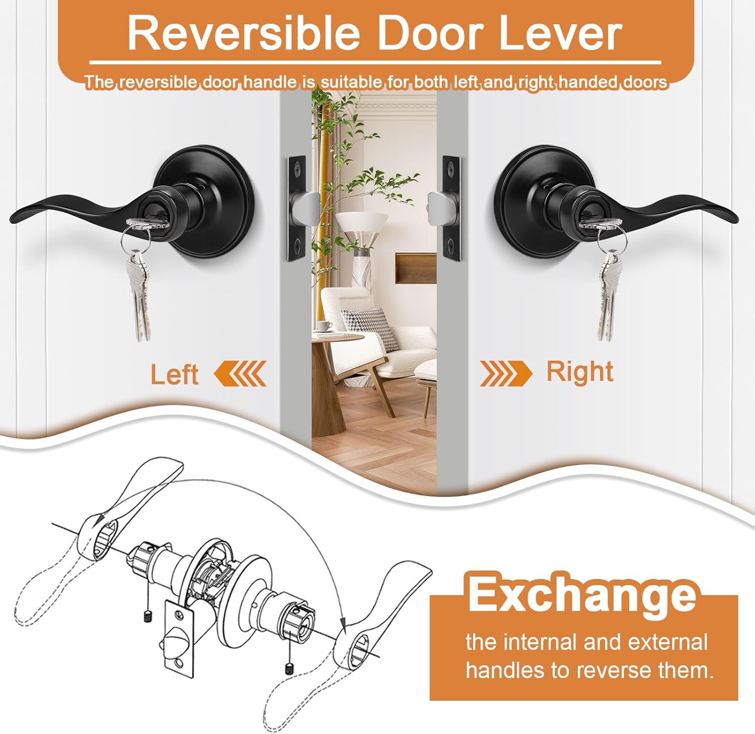 Probrico (4 Pack Black Entry Knobs with Lock and Key, Keyed Alike Lockset Combo Pack, Indoor and Outdoor Leversets, Reversible for Both Left and Right Open