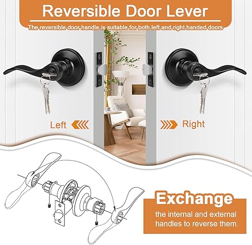 Miniatura 5 de Probrico Manijas de puerta de entrada de color negro mate con diferentes llaves, manijas de puerta de estilo ondulado para puertas interiores