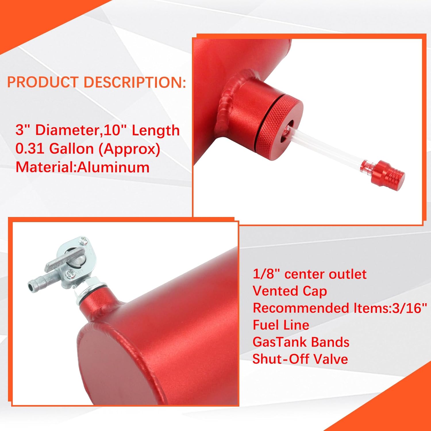 3x10 Go Kart and Mini Bike Gas Tank Cylinder with Clamp Compatible for Coleman Powersports CT200U BT200X CT200u-ex and Predator 212cc 196cc/6.5HP Red