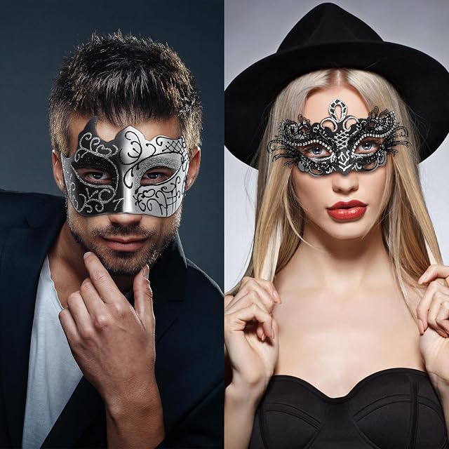 Foto 3 de 7 de JewelryWe Máscara Mascarada Venecia Pareja: Máscara de Metal Fiesta de Carnaval de Halloween para Hombre…