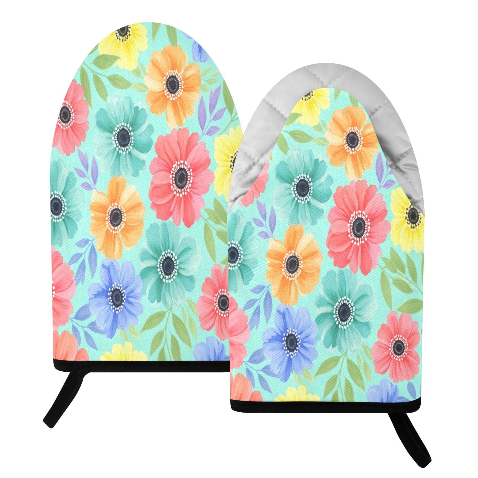 BURSTDDY Watercolor Flowers Oven Mitt,Heat Resistant Kitchen Mitts for Cooking
