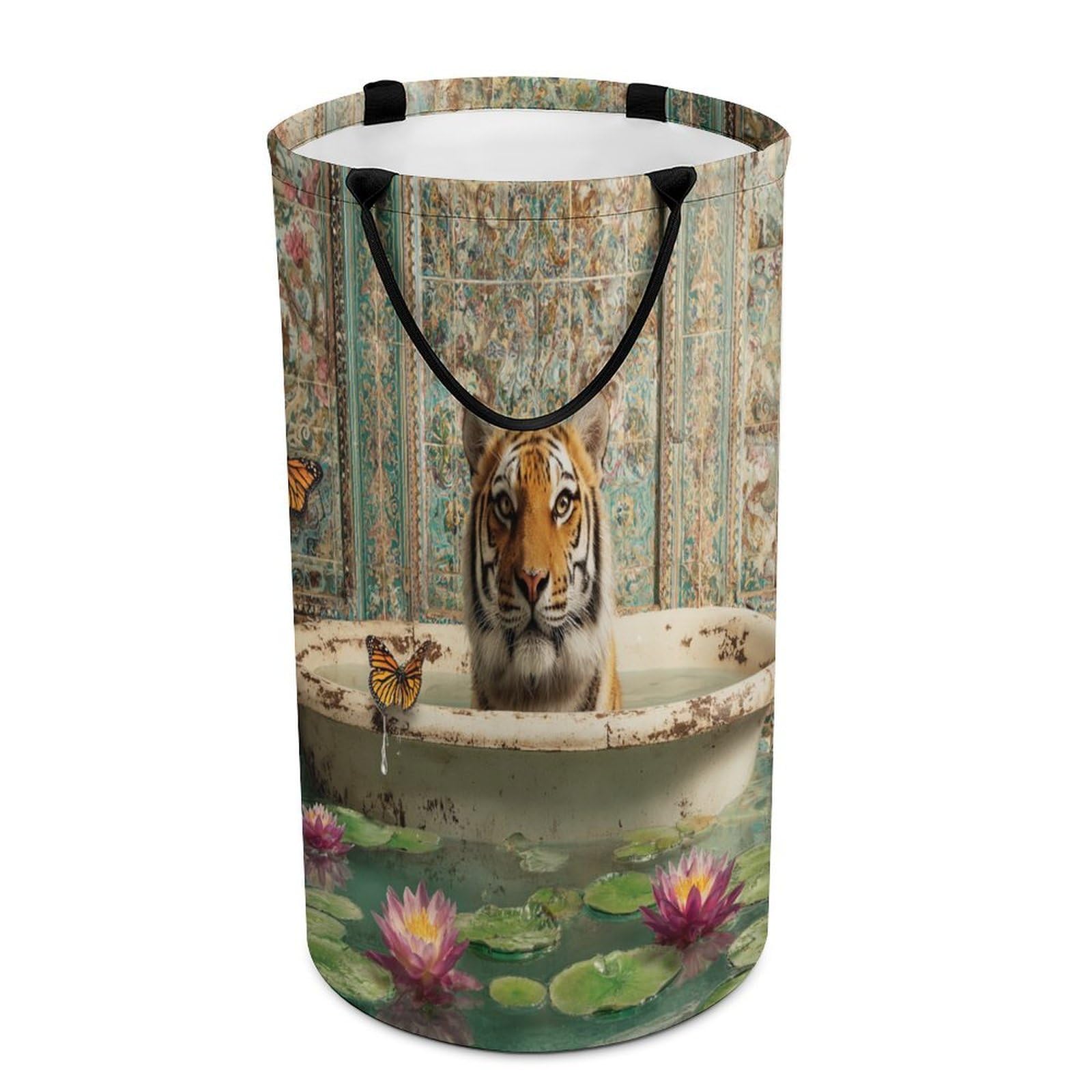 LUYYSKY Classic Retro Elegant Tiger Versatile Storage Laundry Basket, Rustic Vintage Bathroom Art Animal Butterflies Lotus Flowers Large Bathroom Laundry Hamper With Handle-40 CM Dia, 69 CM High